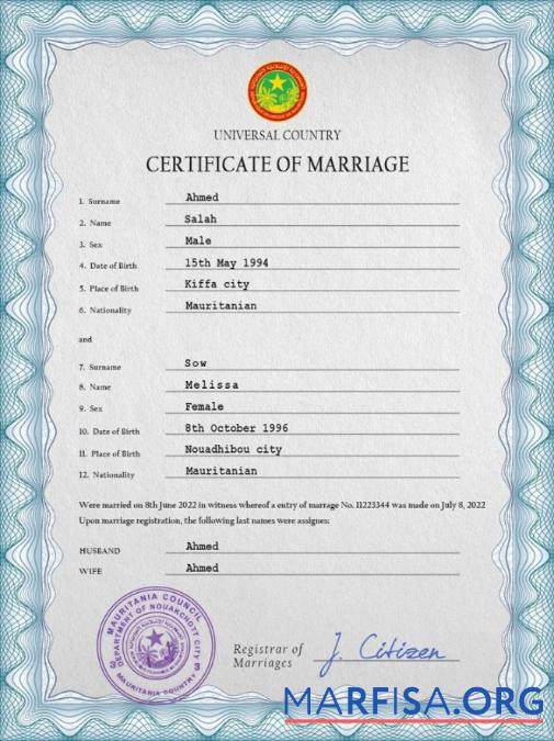 Blank Mauritania marriage certificate PSD template